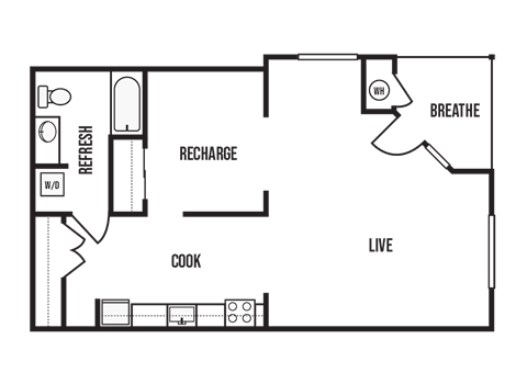 Floor plan for 1 bed, 1 bath, 873 sqft